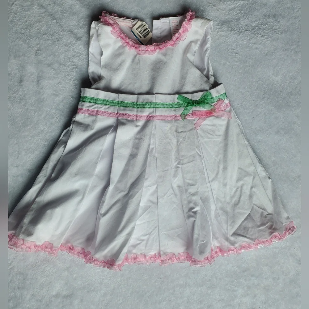 White Girls' Dress with Pink Trim and Green Bow First Impressions Size 24 Months